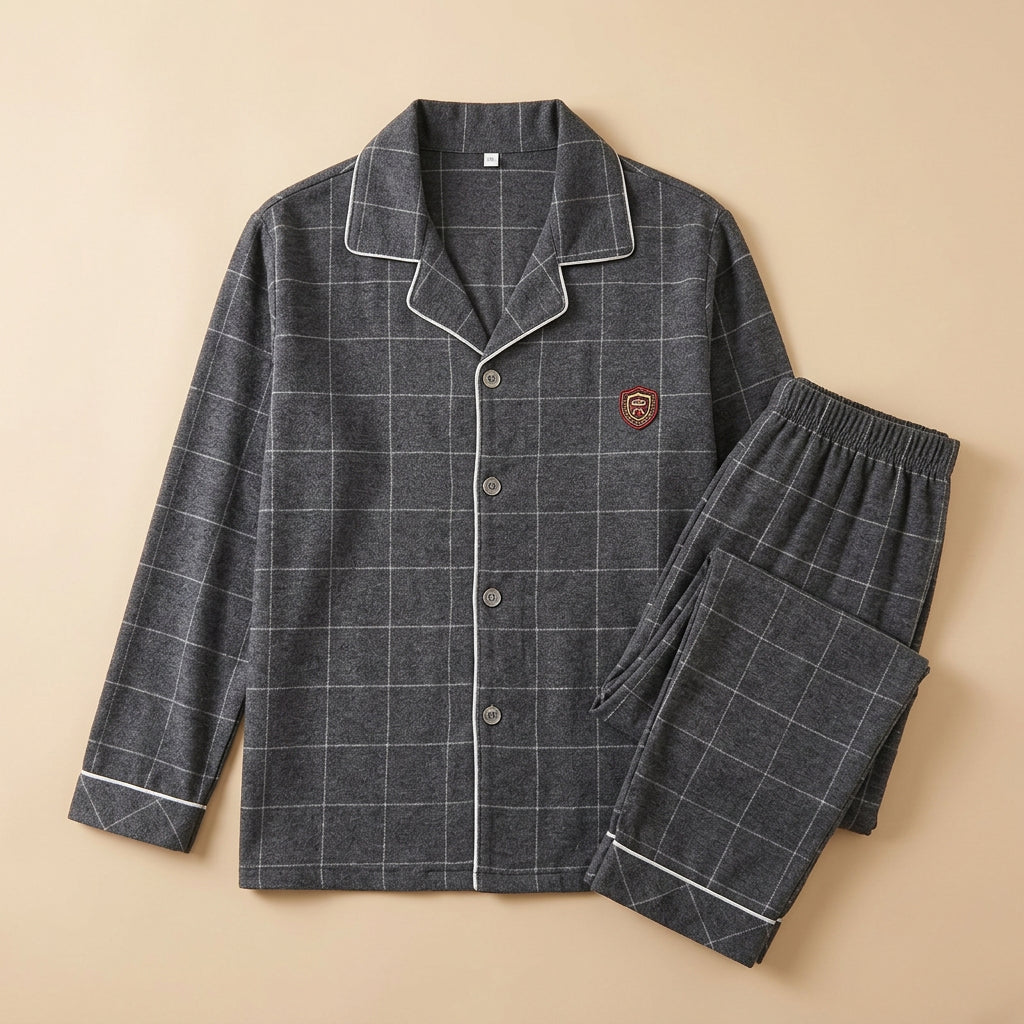 CHASON Men’s Cotton Plaid Cardigan Pajama Set