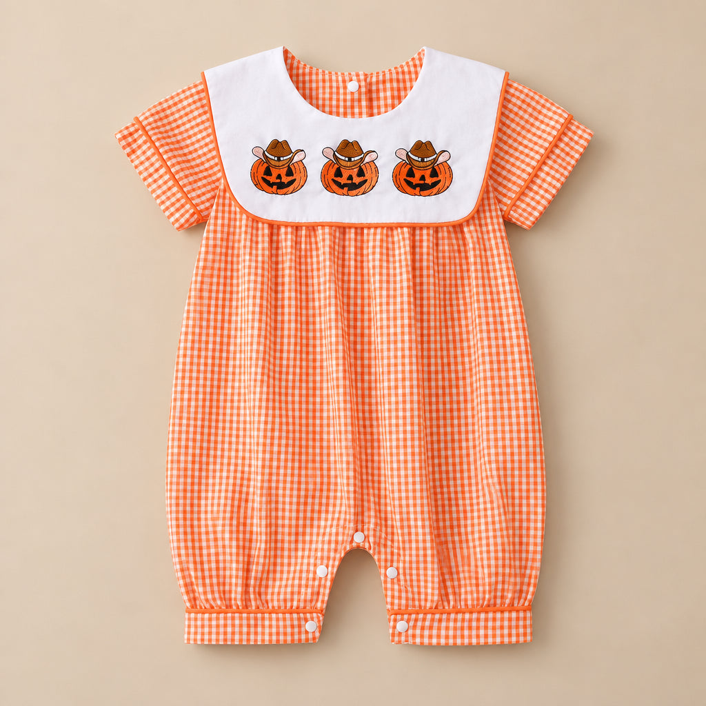 CHASON Short-Sleeve Orange Gingham Pumpkin Romper (0–18M)
