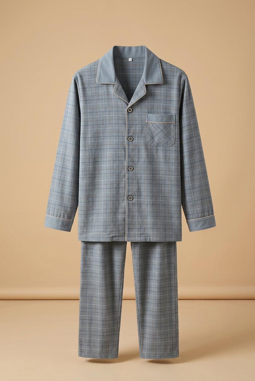 CHASON Men’s Cotton Plaid Cardigan Pajama Set