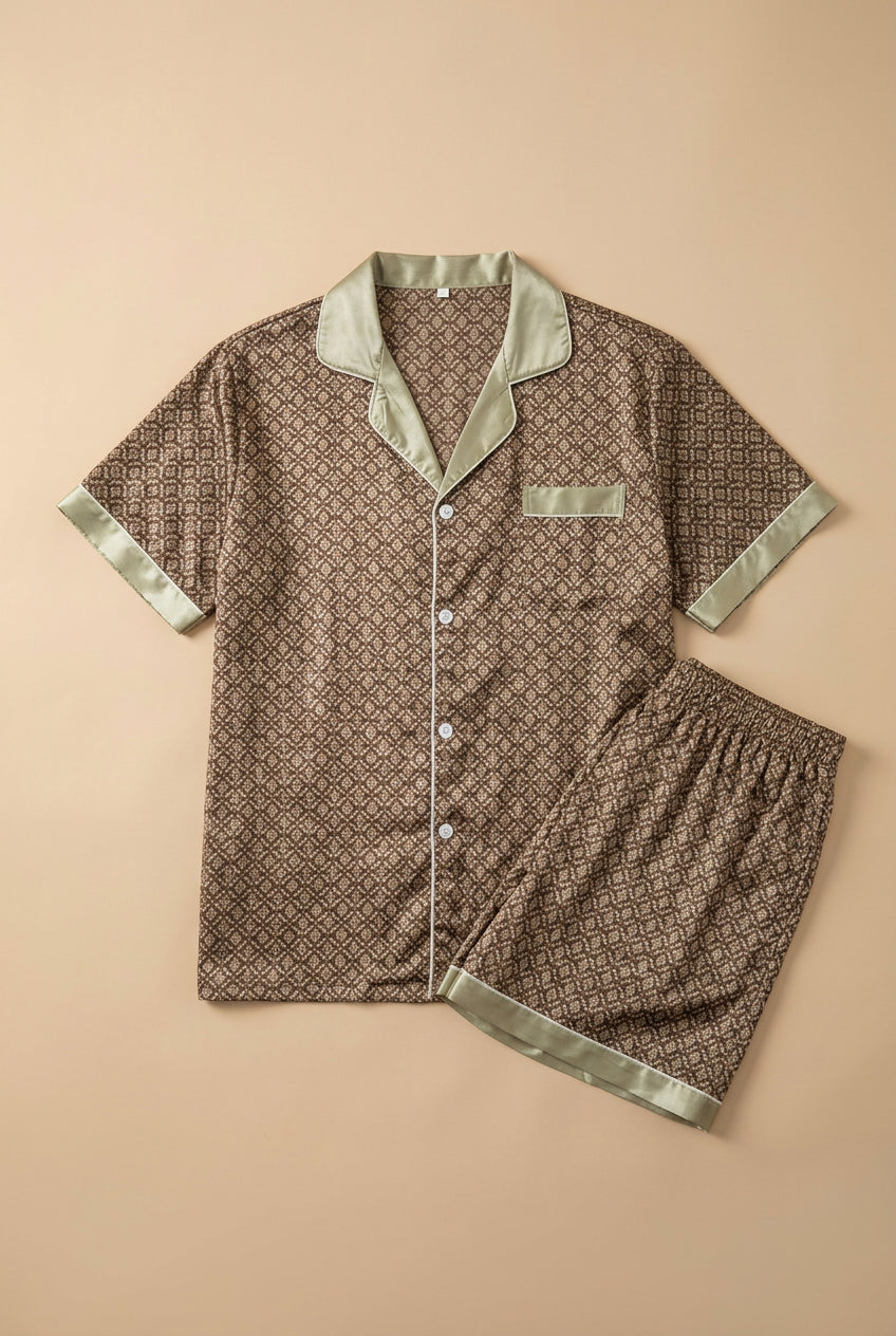 CHASON Men’s Satin Vintage Print Pajama Set