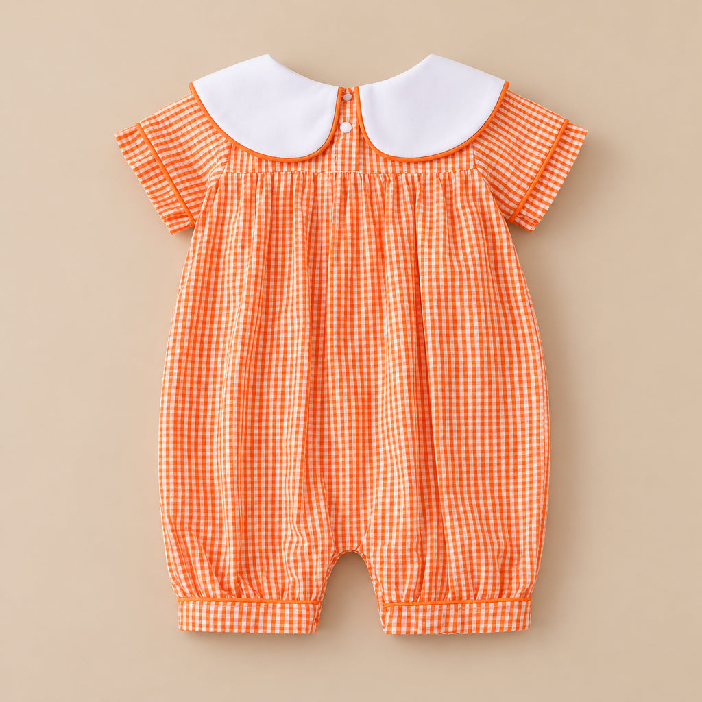CHASON Short-Sleeve Orange Gingham Pumpkin Romper (0–18M)