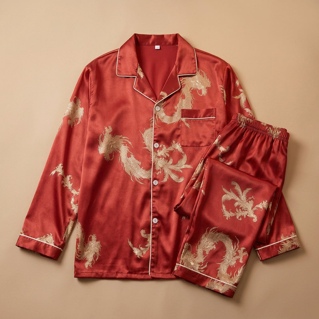 CHASON Men’s Dragon Print Silk Pajama Set