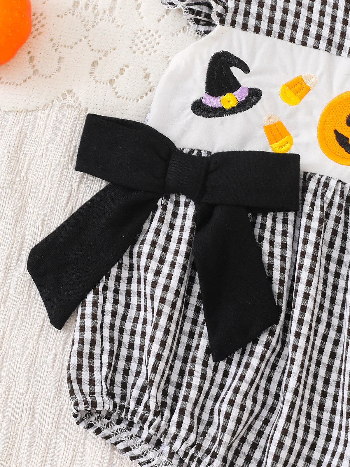 CHASON Pumpkin Embroidered Plaid Romper (0–18M)